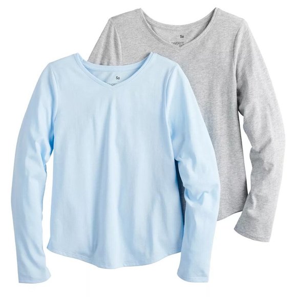 SO Girl's Blue Gray Bundle 2 Pack Favorite Uniform V-Neck Long Sleeve Tee Shirt - Picture 1 of 1